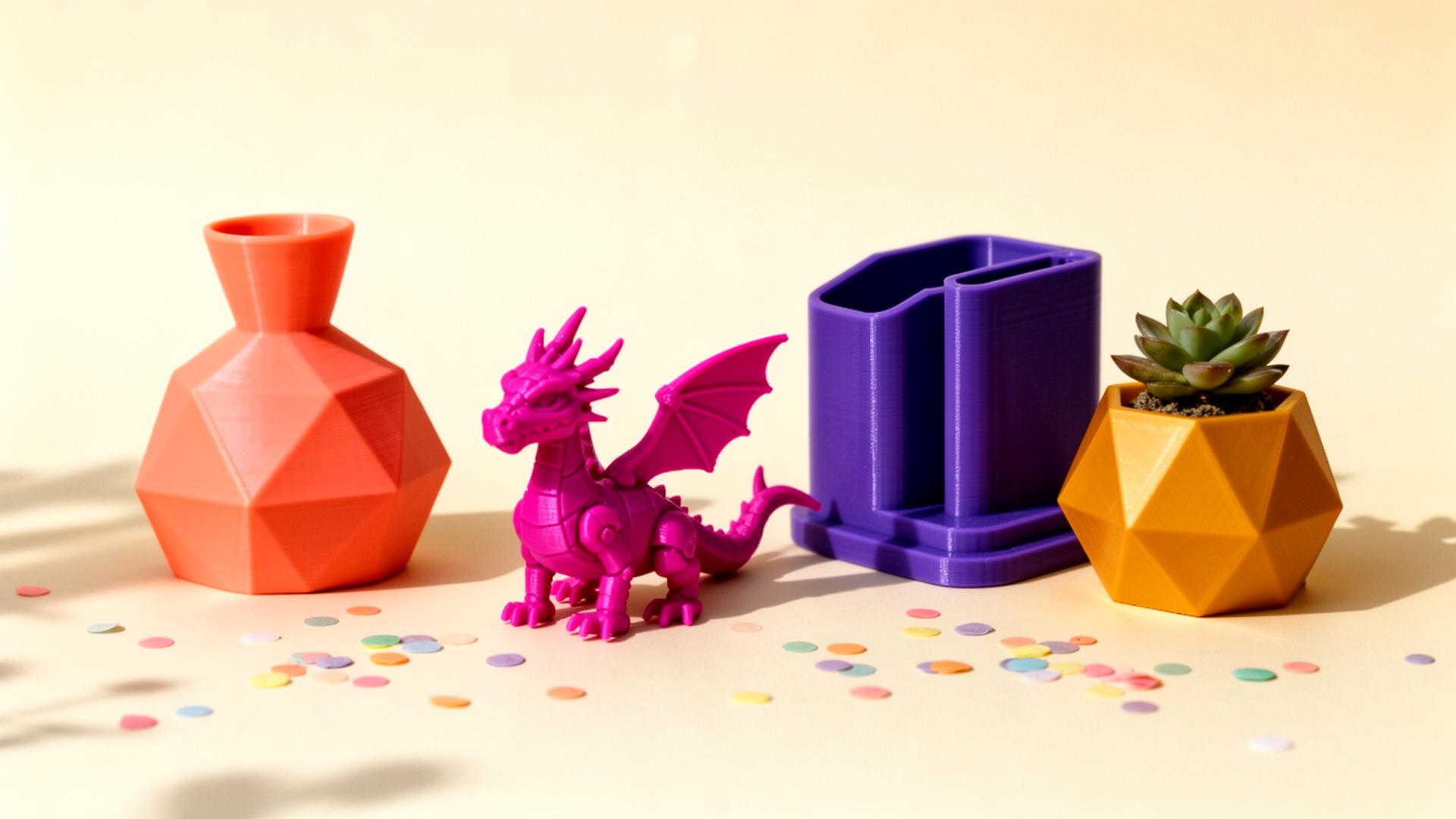 A coral vase, magenta dragon, indigo organizer and amber planter — colorful 3D prints by Stuffify